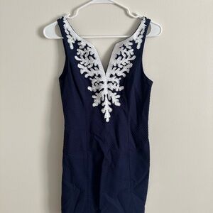 Elegant Navy Dress with White Embroidery